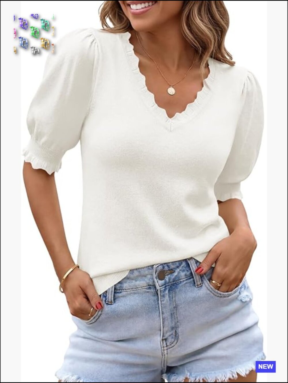 V Neck Puff Short Sleeve Sweater Tops Trendy Casual Knit Pullover Blouse